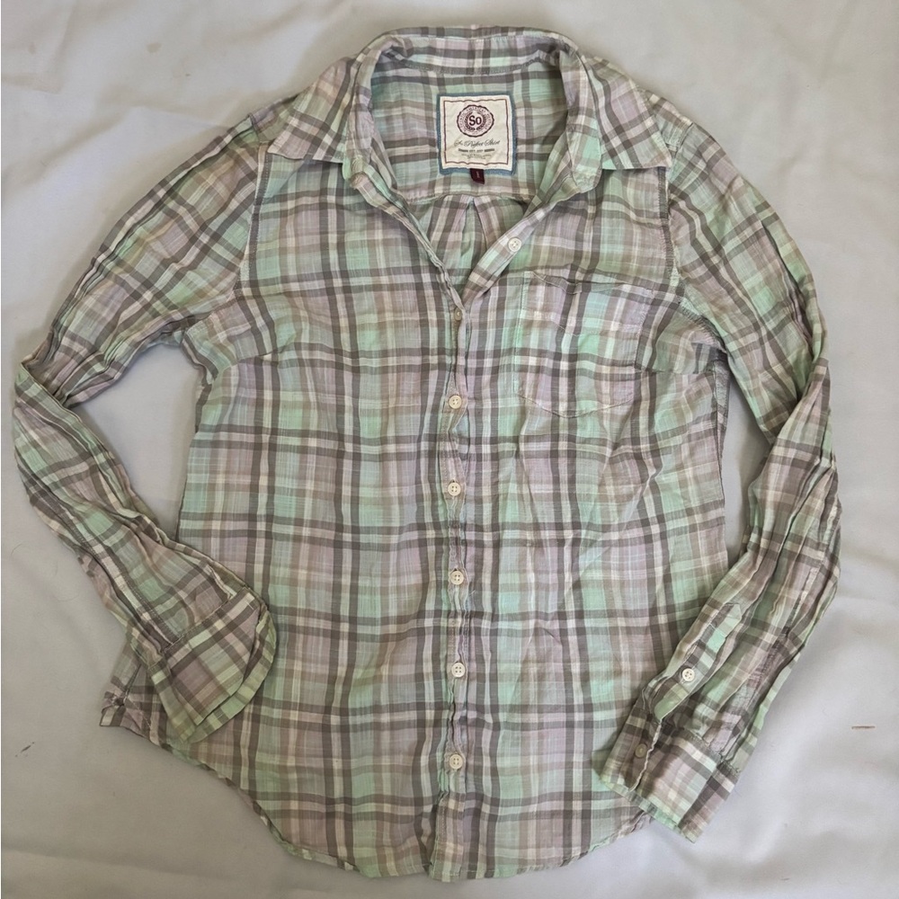 SO Womens Button Down Blouse in Pastel Plaid Sz L